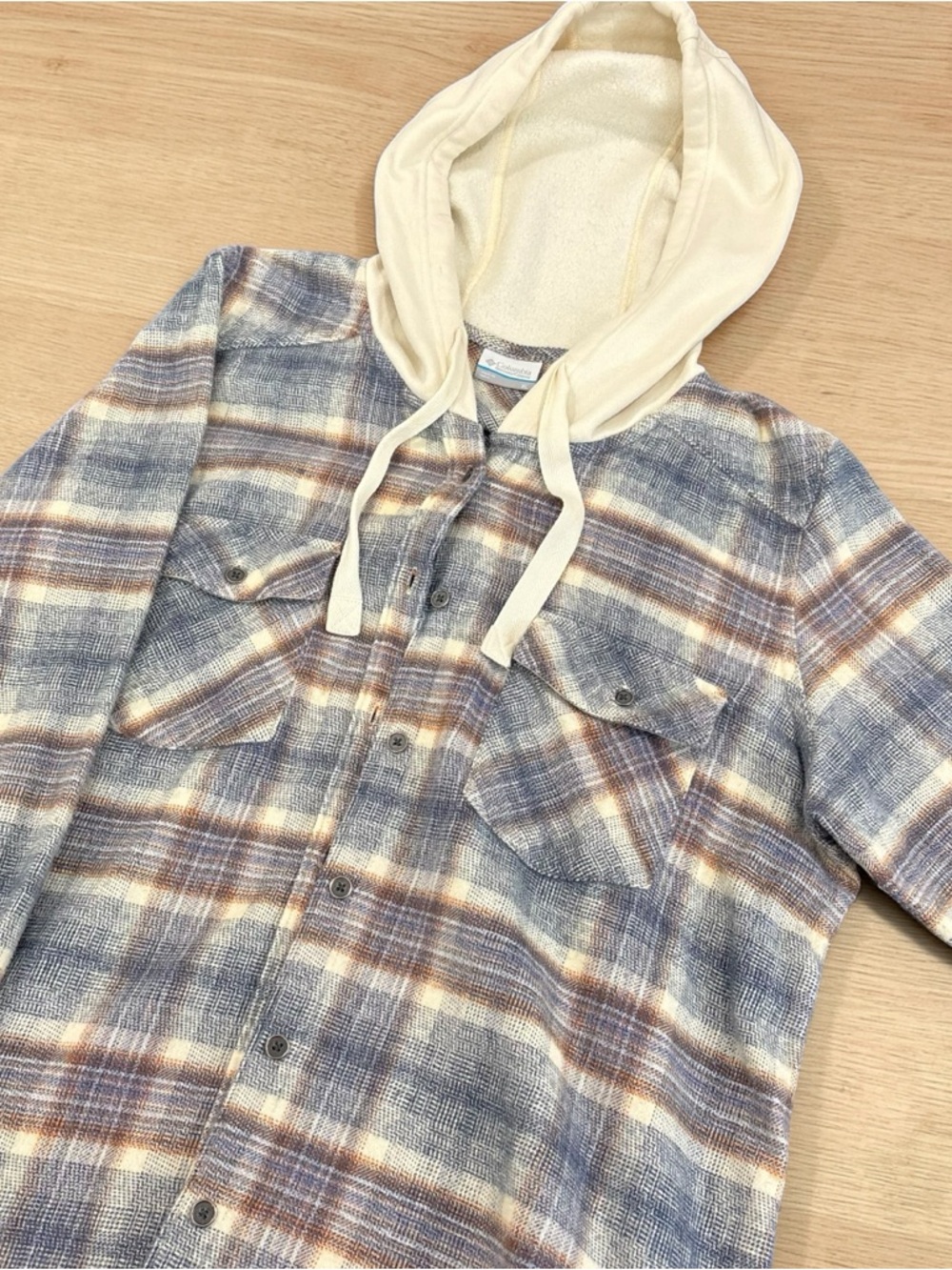 Columbia Cream Hooded Plaid Button-Up Hoodie Jacket